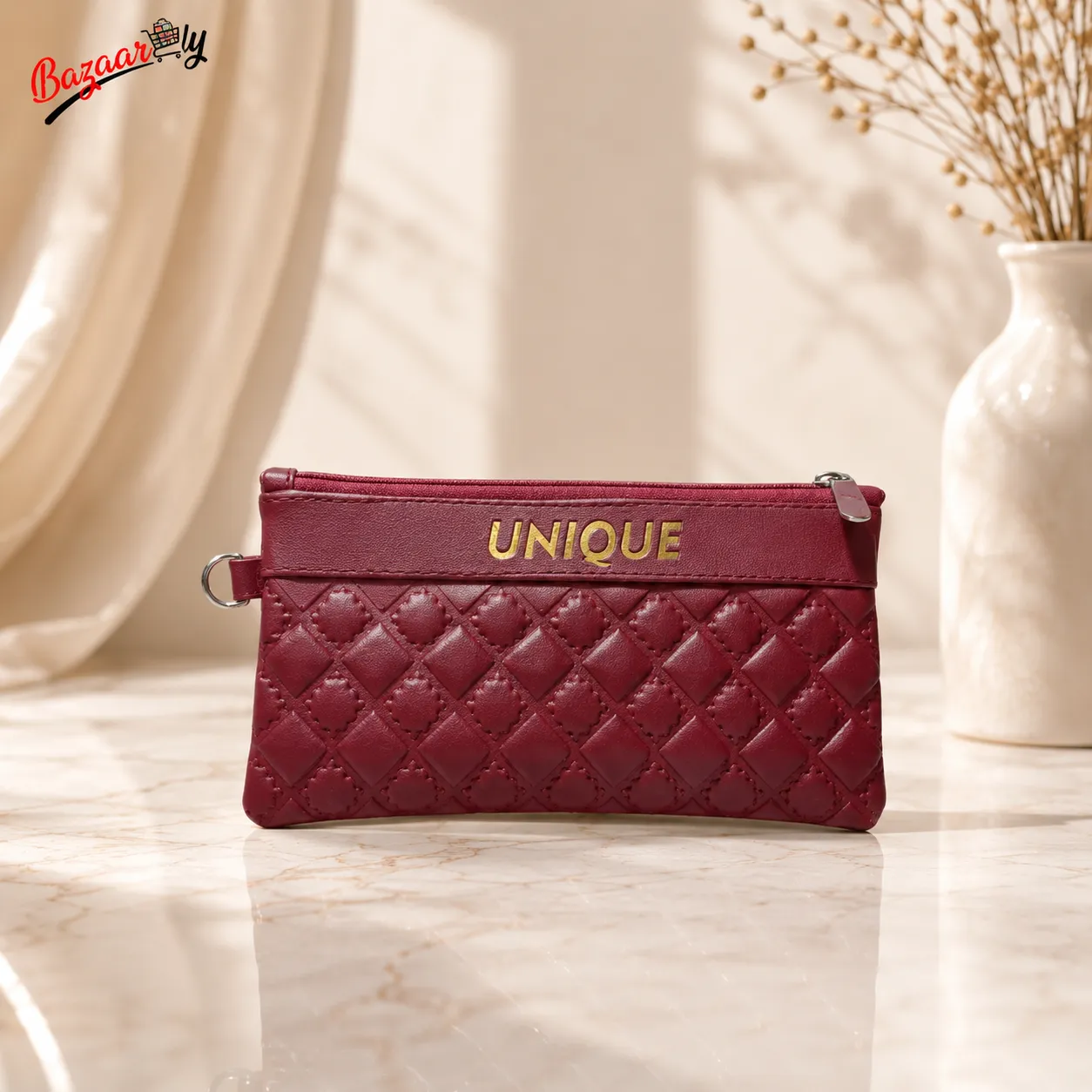 Red Quilted Wristlet Clutch Bag for Women – Compact Handbag with Gold Logo & Zipper